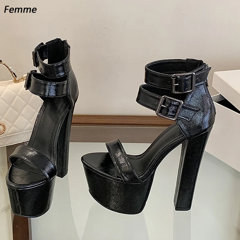 Black Platform Heels with Double Buckle Ankle Straps - Patent Leather Block Heel Sandals - 6-8cm Platform  Ladies US Size 35-45