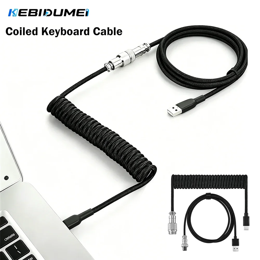 KEBIDUMEI Coiled Keyboard Cable Mechanical Keyboard Cable Detachable Double Sleeved Spring Wire Computer Aviation Connector Cord