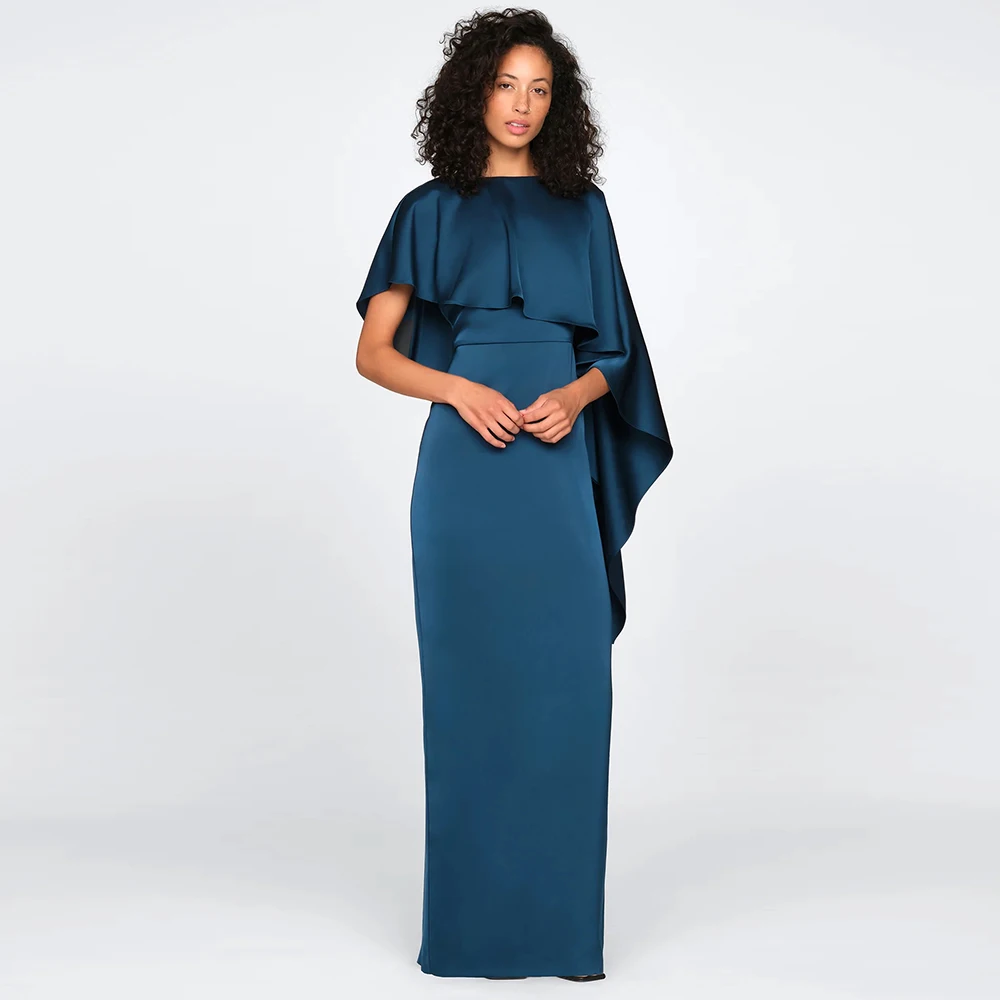 Satin Cap Sleeves Weding Guest Dresses O Neck Elegant Mother of the Bride Dress Long Navy Blue Evening Party Gowns