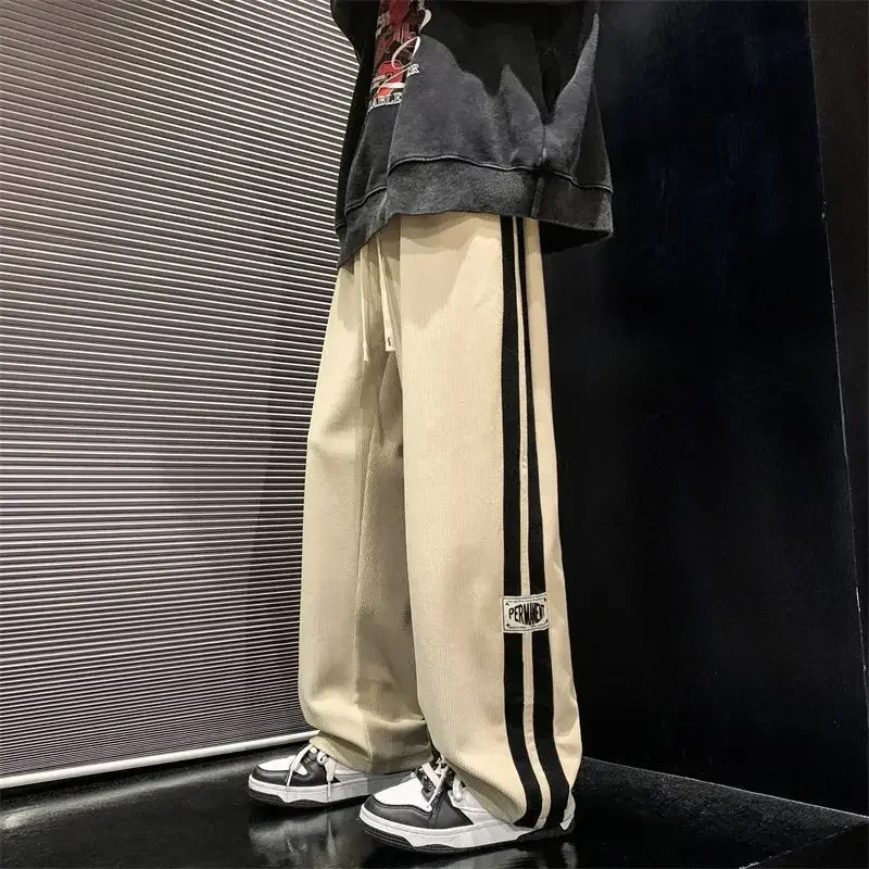 Korean Spring Simple Retro Track Pants Fashion Y2k Men's Pants Loose Hip Hop Street High Waist Wide Leg Track Pants Men Clothing