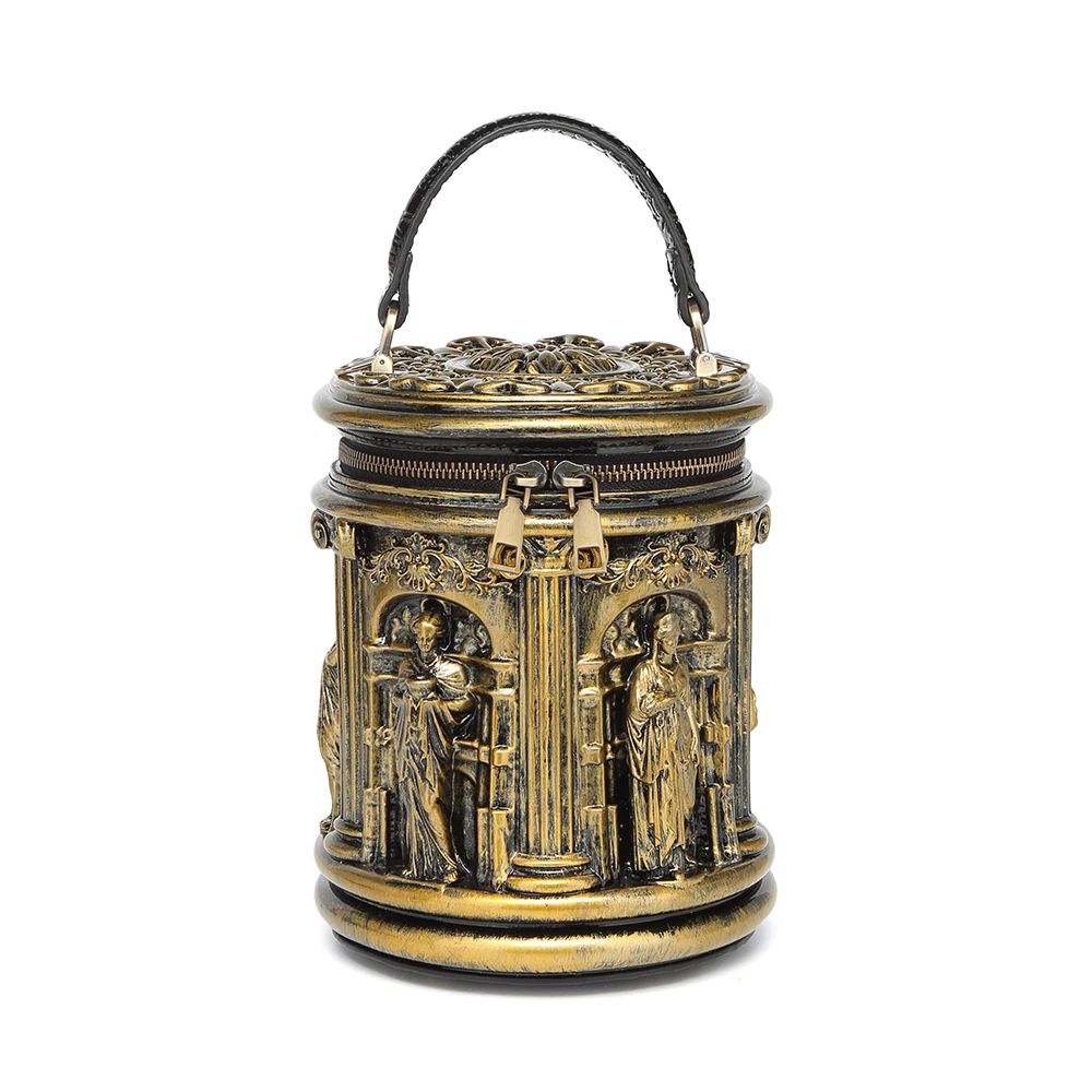 2026 New Luxury Designer 3D Relief Cylinder Bag Women Vintage Roman Column Barrel Handbag Antique Gold Sculpture Shoulder Purse