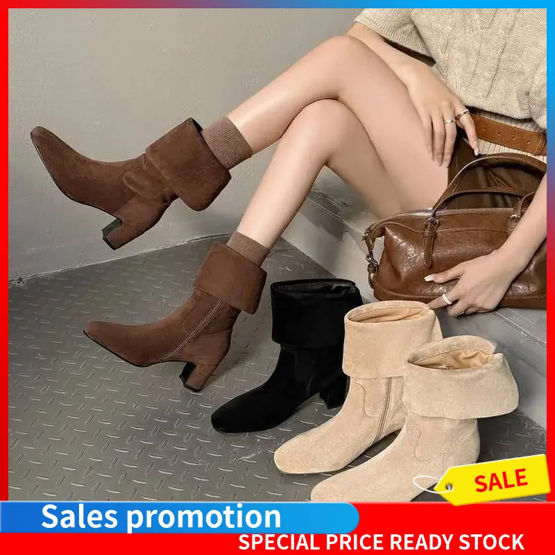 Women Suede Ankle Boots Square Toe 6CM Block Heel Pigskin Insole TPR Sole Side Zipper Lined Unlined Winter Boots 34-42 F126