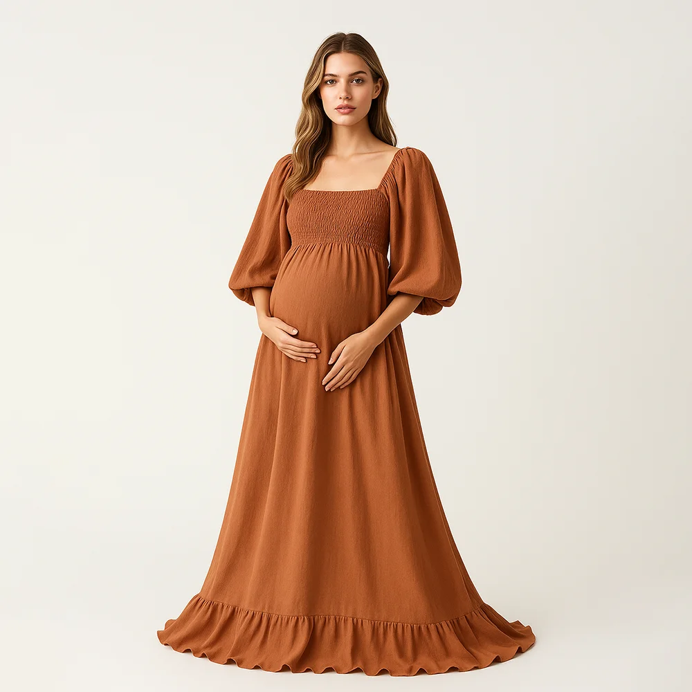 Boho Country Maternity Dress Photoshoot Off Shoulder Puff Sleeve Maxi Gown Elegant Pregnancy Outfit Baby Shower Photography Wear