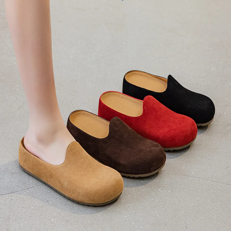 New Women's Slippers Closed Toe Round Toe Suede Clogs Sandals Summer New Retro Solid Color Flat Bottom Women's Slingback Shoes