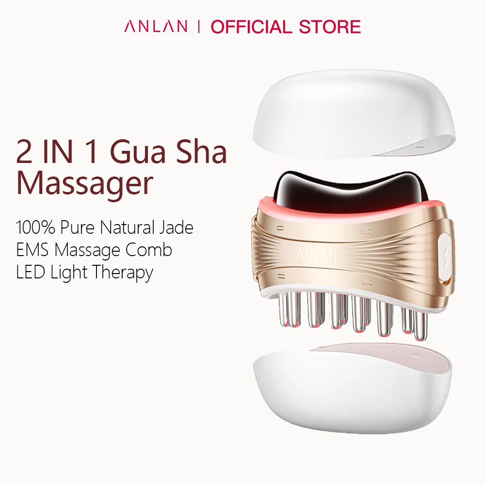 ANLAN 2 In 1 Gua Sha Massager Natural Jade Massage Head 3-Color LED Skincare Microcurrent Scalp Care Vibration Massage Comb