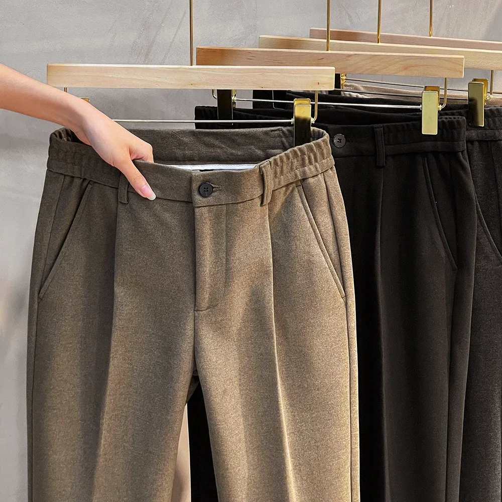 Men's Woolen Suit Pants Autumn Winter New Formal Business Slim Straight Elastic Waist Korean Fashion Tapered Brown Trousers