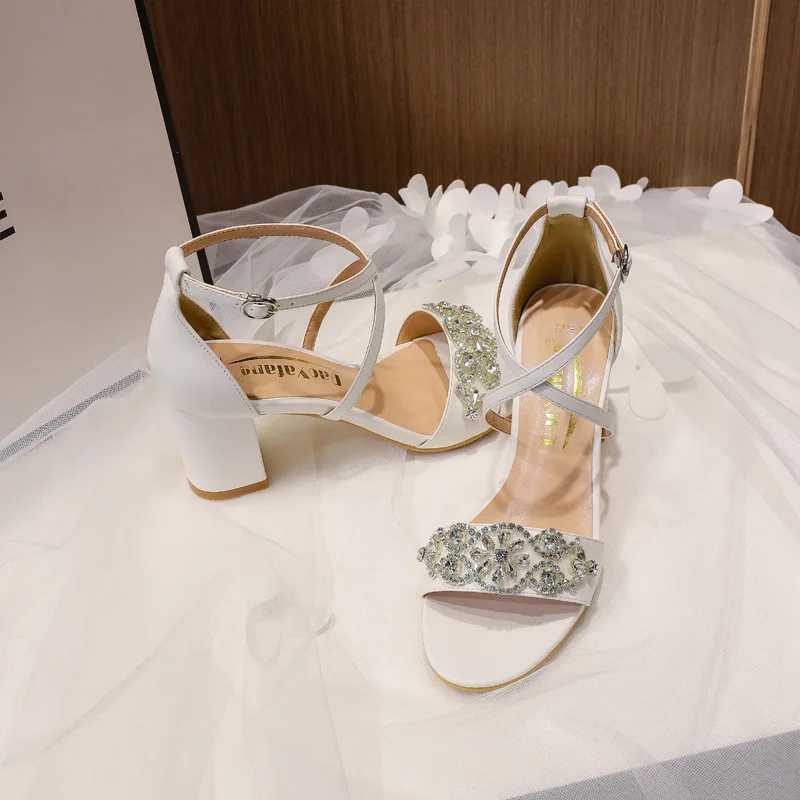 High Heels New Rhinestone with Sandals French European and American Fashion Thick Heel Women's Wedding Shoes