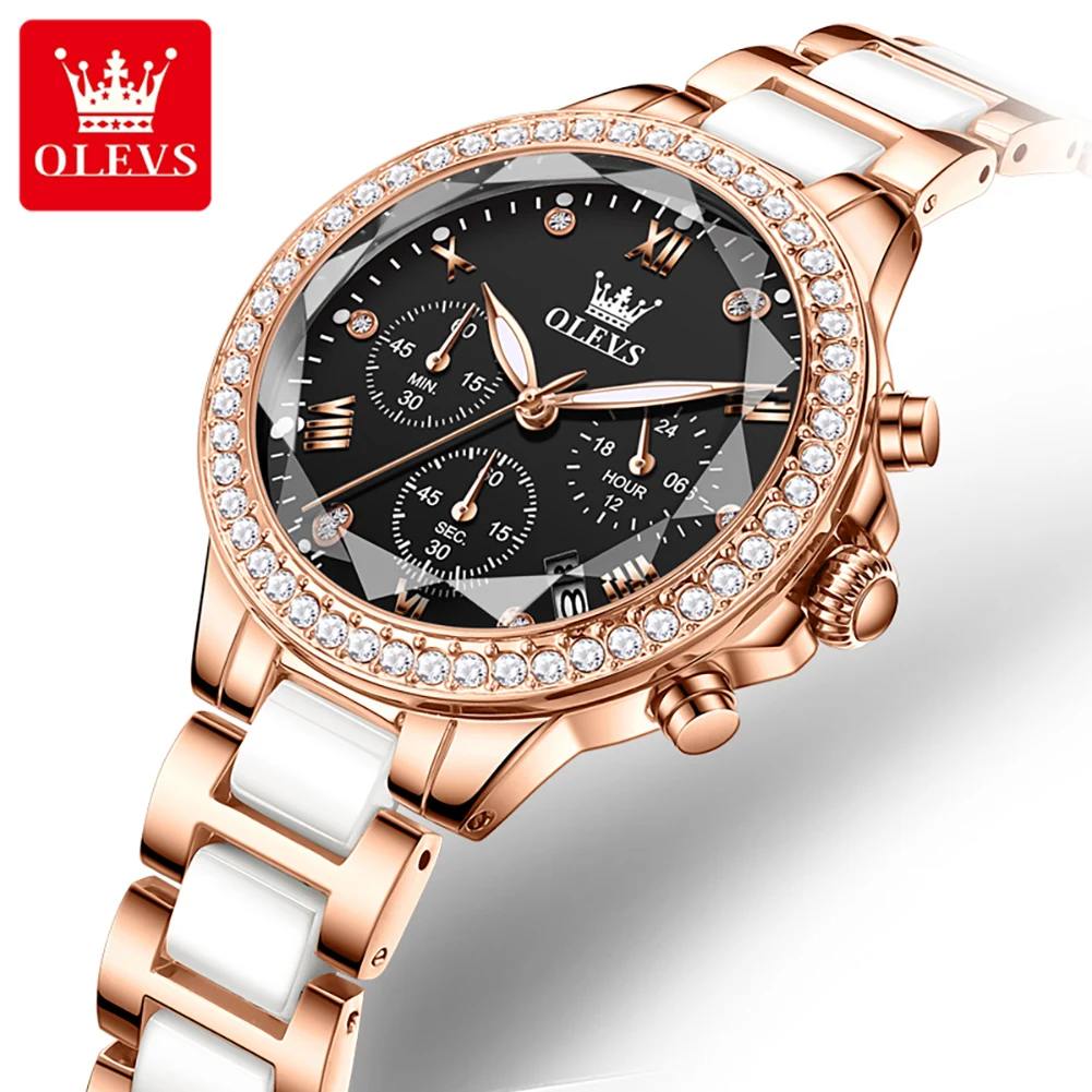 OLEVS Luxury Ceramics Quartz Watch for Ladies Chronograph Waterproof Luminous DateWomen Watches Elegant Dress WristWatch reloj