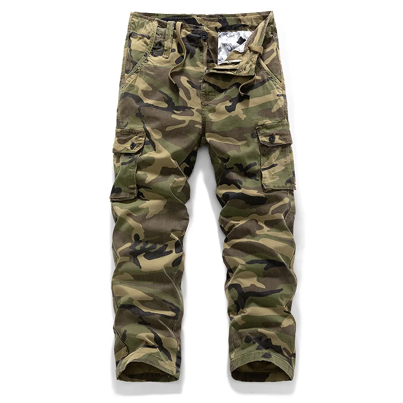 KIDWHXR Man Cargo Pant American Camouflage Pocket Male Straight-leg Pant Outddor Casual Drawstring Mid Waist Men Trousers