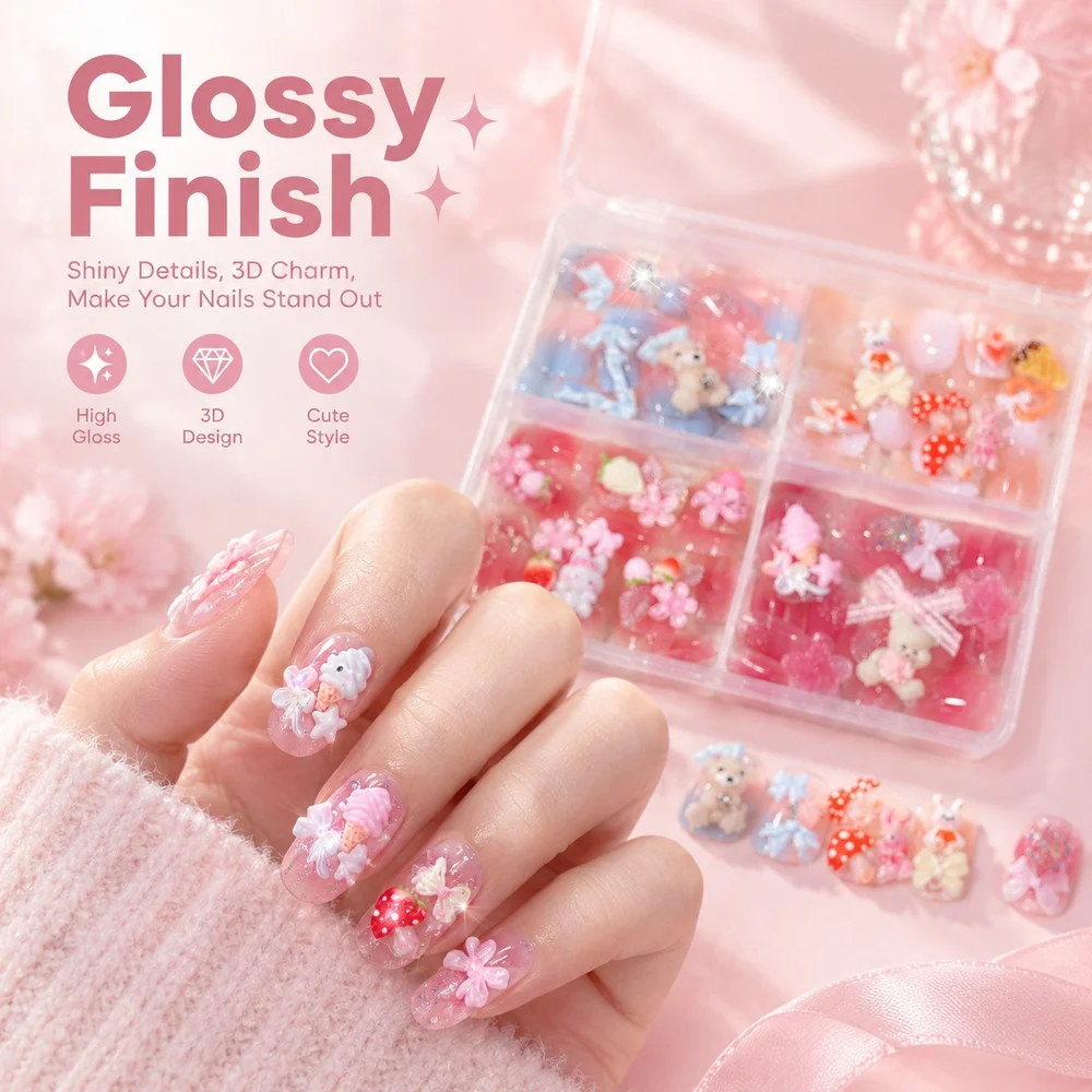 3D Stereo Charm PressOn False Nails 96Pcs 4Grid Box Kawaii Mixed Styles For Professional Salon Quick Manicure Accessory Set