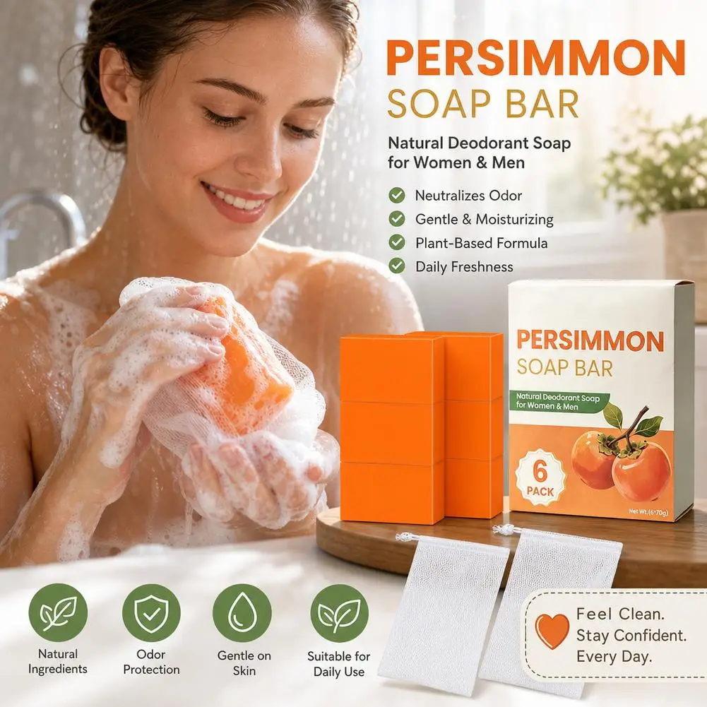 Persimmon Soap 6 Pack Deodorizing Body Cleansing Bar Rich Foam Fruit Fragrance Deep Clean With 2 Foaming Nets