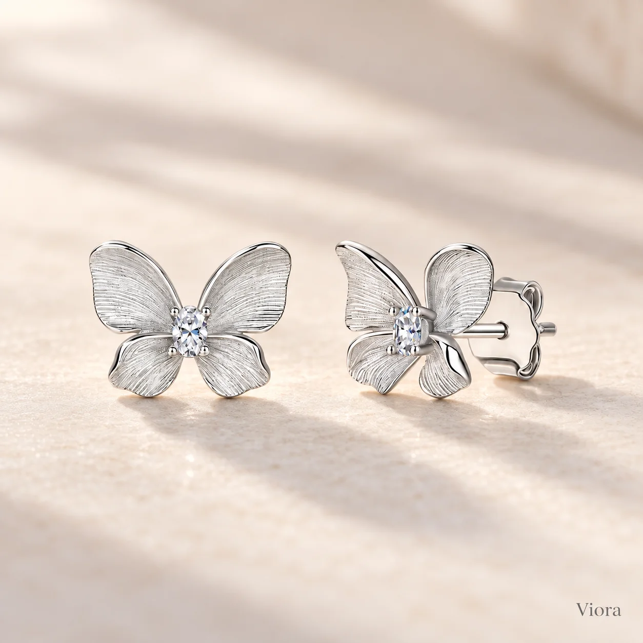 Earrings 925 Sterling Silver Moissanite Butterfly Studs Brushed Wings Fashion Everyday Jewelry Gift for Women Viora