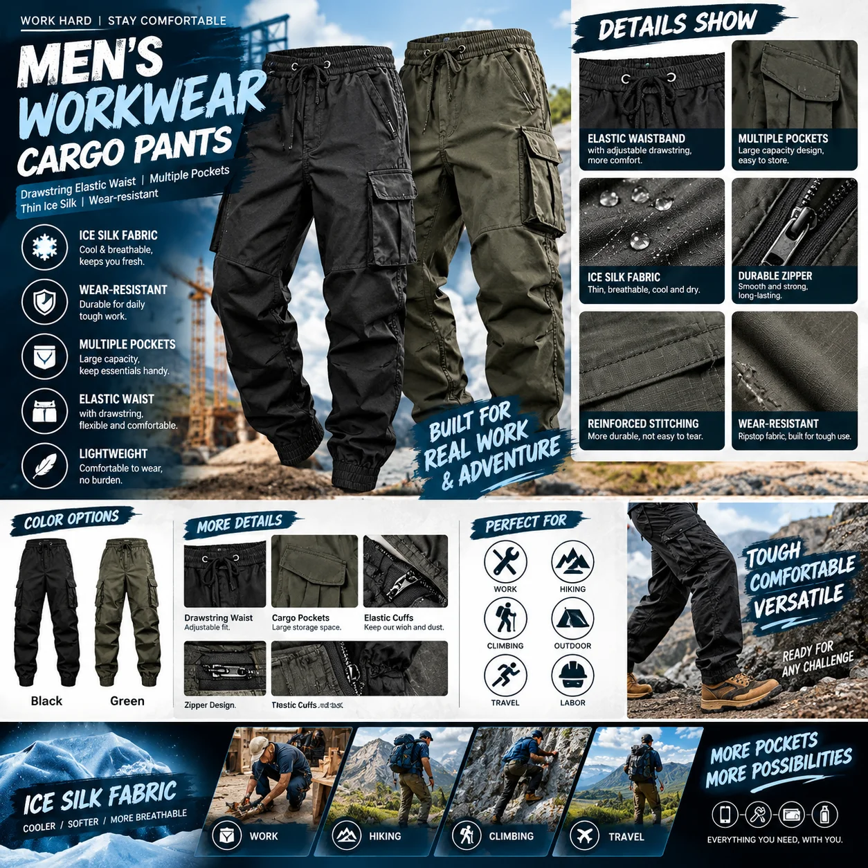 Men's Workwear Cargo Pants with Drawstring Elastic Waist Multiple Pockets Thin Ice Silk Wear-resistant Labor Protection Pants