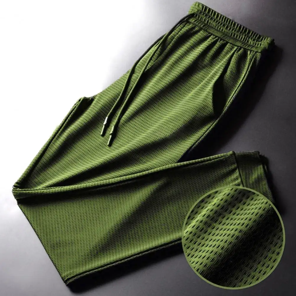 Men Mesh Sweatpants Quick-drying Thin Lightweight Jogging Sport Pants Drawstring Elastic Waist Ankle-banded Solid Color Gym Work