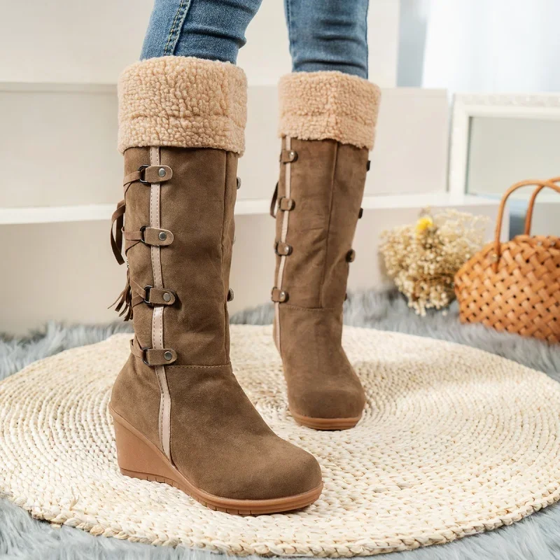 Free Shipping Women Warm Wedge Mid Calf Boots, Curly Fleece Top, Decorative Buckle Tassels on Back, Non Slip Winter Shoes