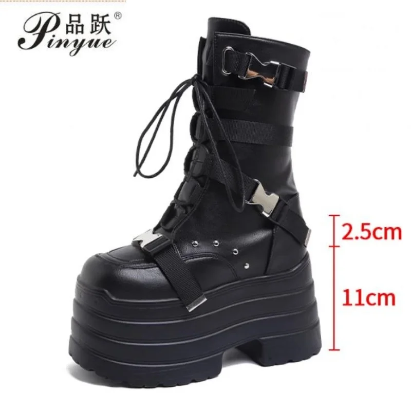 13CM 16cm High Platform Gothic Boots Buckle Autumn Winter Leather Shoes Punk Street Cosplay Mid-calf Boots Motorcycle Short Bot