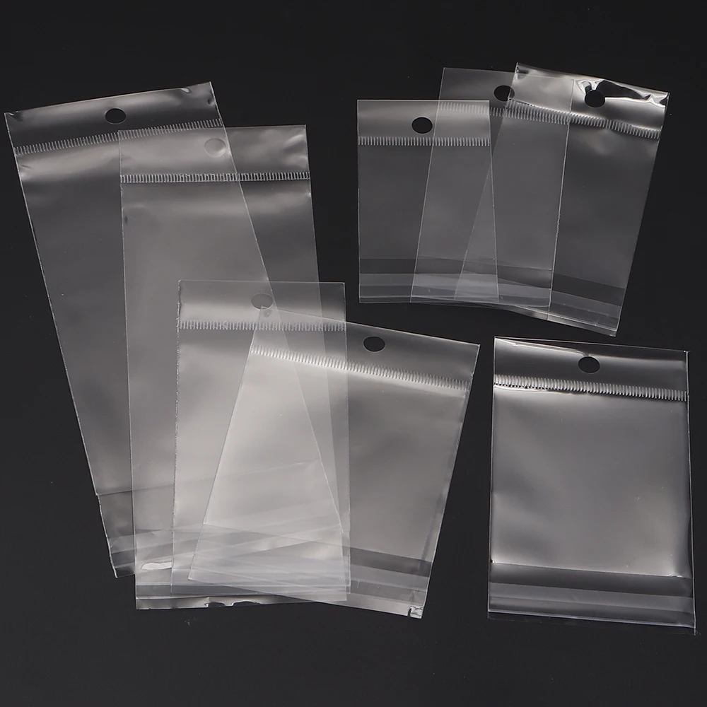 100pcs/lot Clear Opp Jewelry Bags Self Adhesive Transparent Plastic Storage Bags With Hang Hole Gifts Jewelry Packaging Pouches