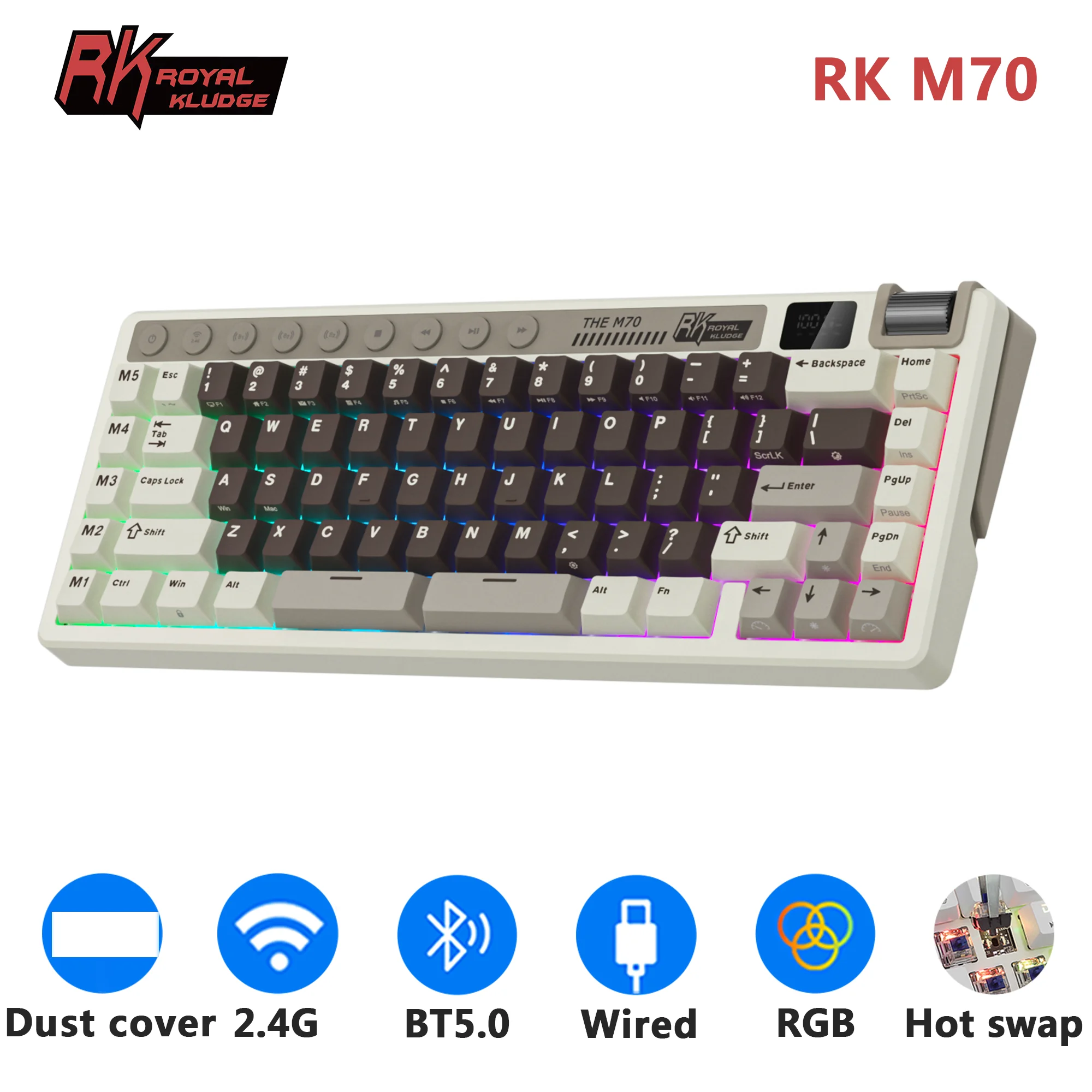 RK ROYAL KLUDGE M70 Customization Keys Gamer Keyboard Hot-swappable Gasket RGB Tri-mode Wireless Mechanical Keyboard PBT Keycap