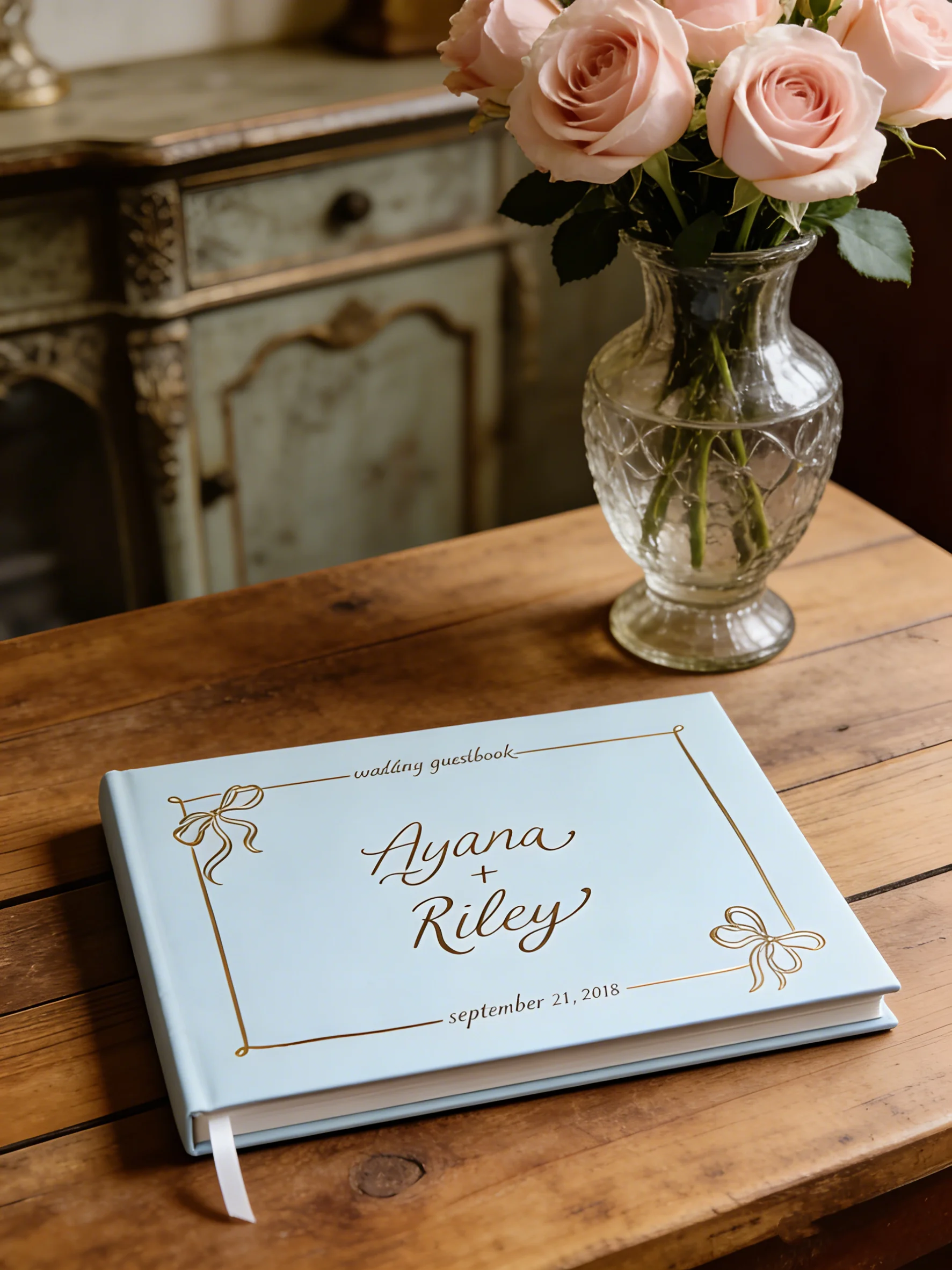 Coquette Wedding Guest Book with Cute Bows, Silver Foil Hardcover Photo Album, Modern Wedding & Anniversary Memory Book