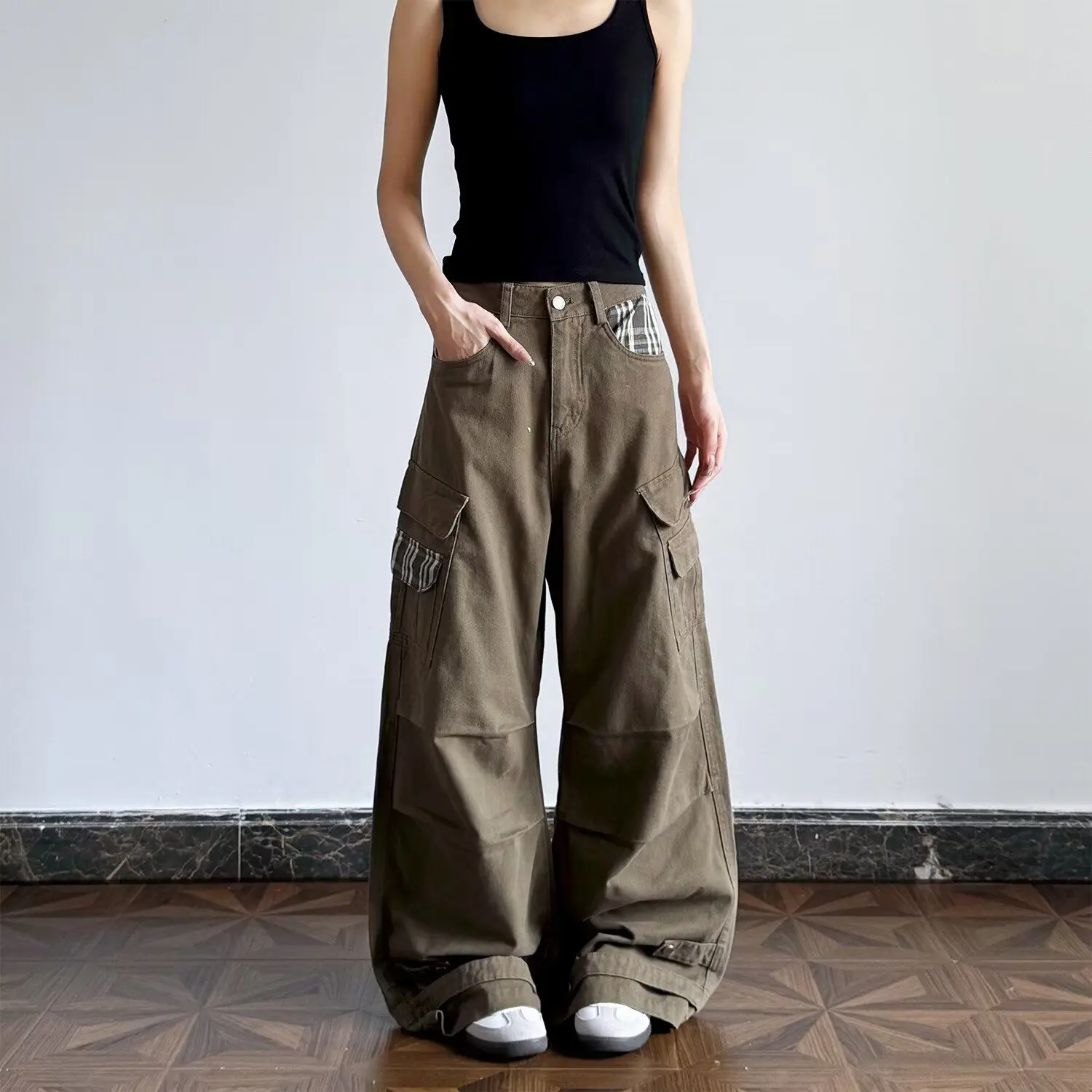 Men's Knitted Coffee Colored Cargo Trousers Vintage Boys Casual Pants Male Straight High Waist Wide Leg Unisex Sweatpants
