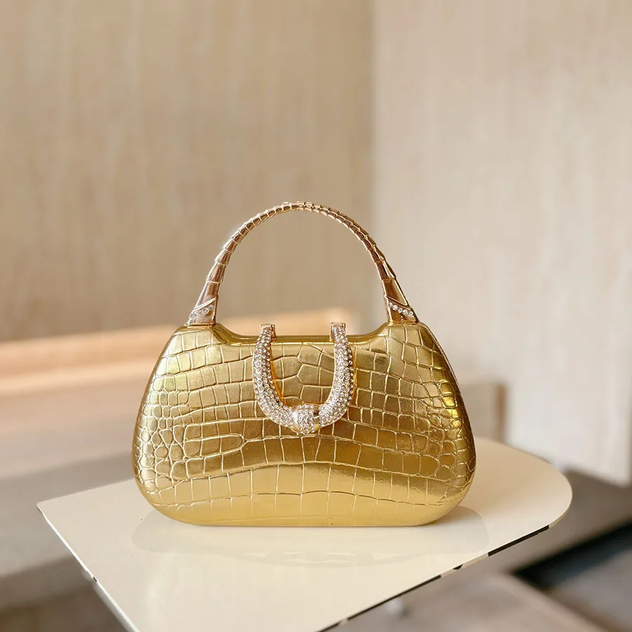Light Luxury Metal Crocodile Pattern Dinner Bag Shiny Full Diamond Handle High-End Light Luxury Design Portable Messenger Bag