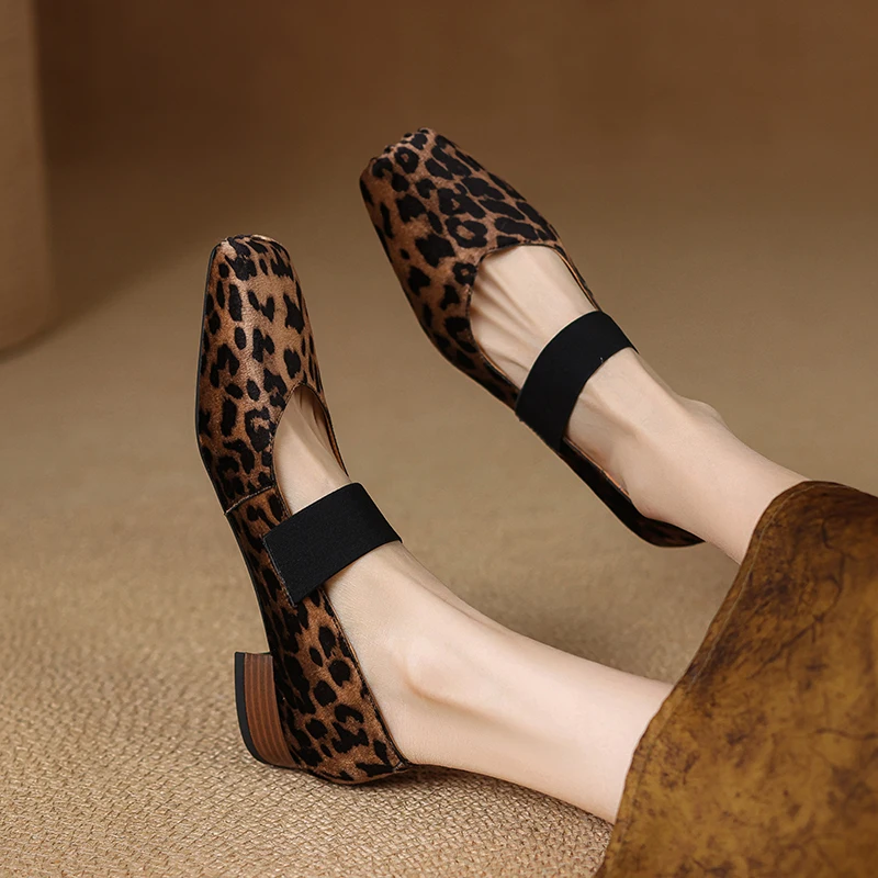 New women's genuine leather, cowhide, sheepskin, low heel, plus large square toe retro leopard print Mary Jane ballet shoes