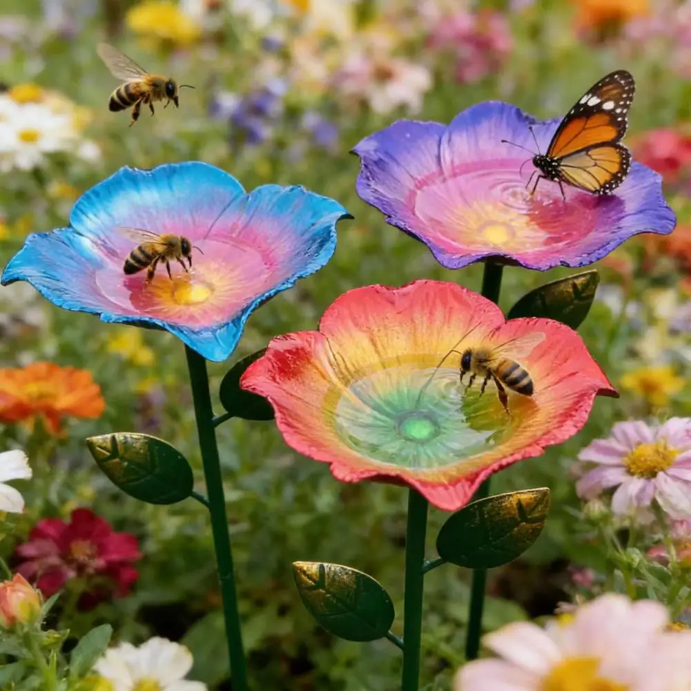 Butterfly Water Feeders Metal Flower Bee Feeder Garden Stake Bird Bath Bee Watering Station Outdoor Bird Feeder for Pollinators