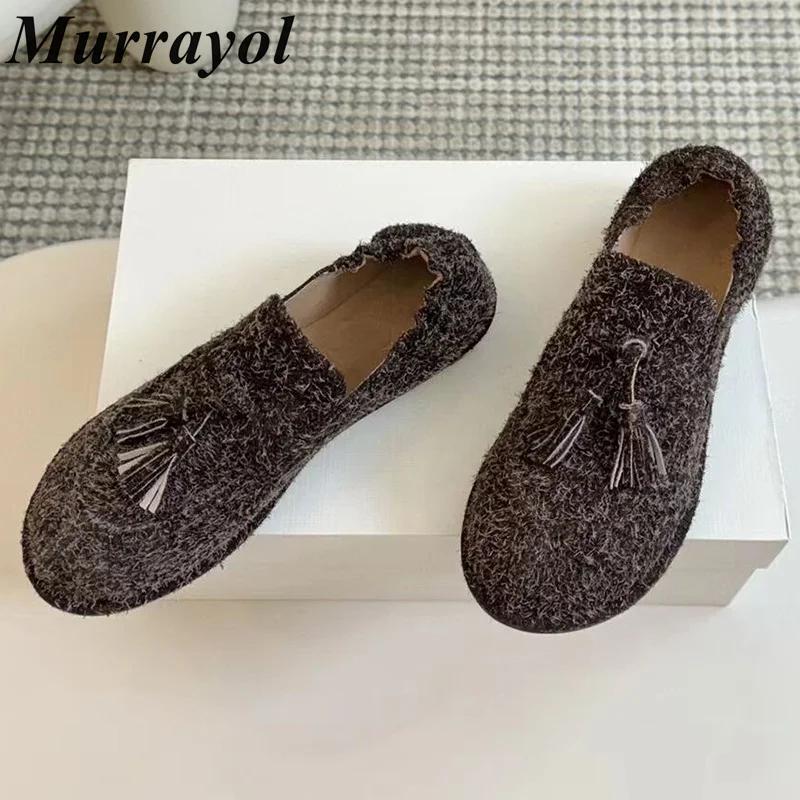 Lazy Loafers Tassel Decor Round Toe Flats Women Suede Solid Color Single Shoes Spring Autumn Versatile Office Commute Shoes