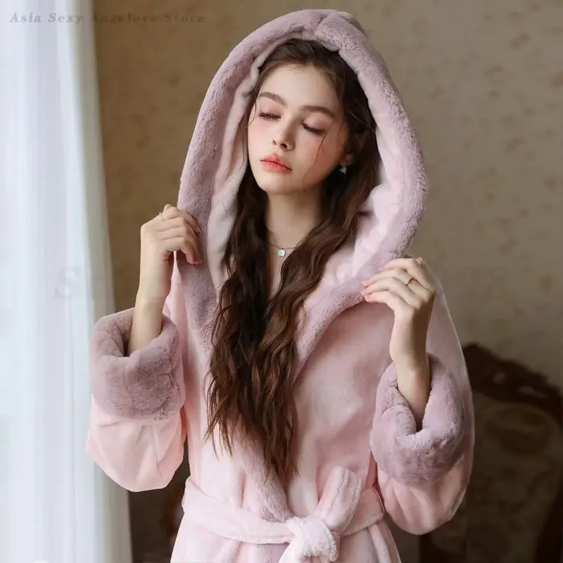 Autumn Winter Thick Warm Robe Sleepwear Women Elegant Flannel Long Kimono Gown Bathrobe Loungewear Coral Fleece Hooded Nightgown