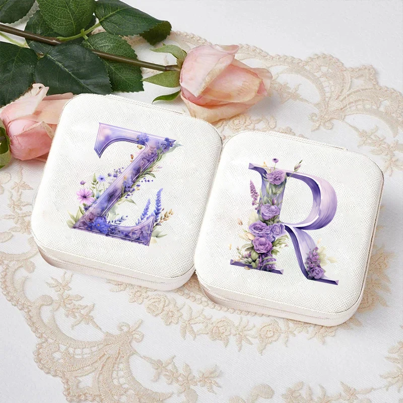 Flower Letter Monogrammed Jewelry Box Travel Jeweller Box Ring Storage Case Bridesmaid Gift Wedding Birthday Mother Day Gifts