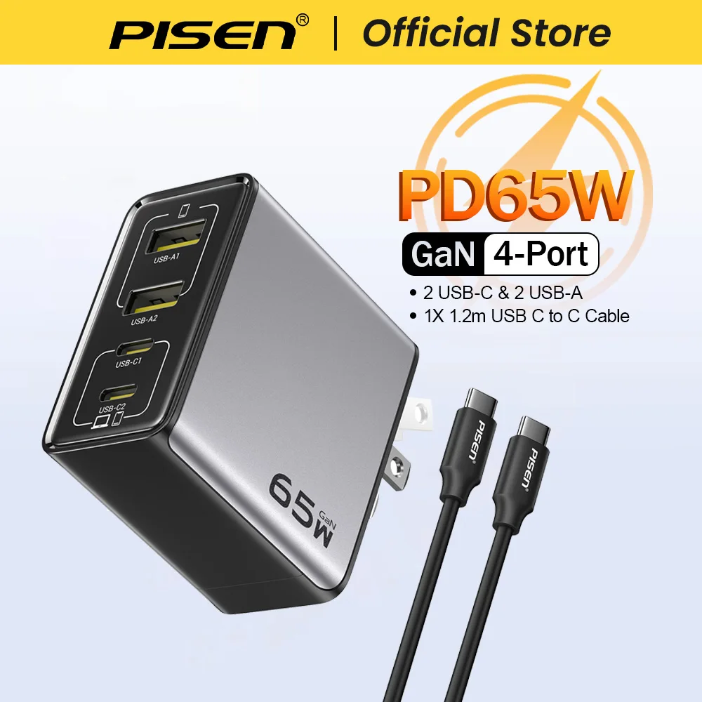 PISEN 100W GaN Charger 3-Port With 1.8m USB C to C CablePD3.0 Quick Charger For Notebook Laptops MacBook IPhone Samsung Xiaomi