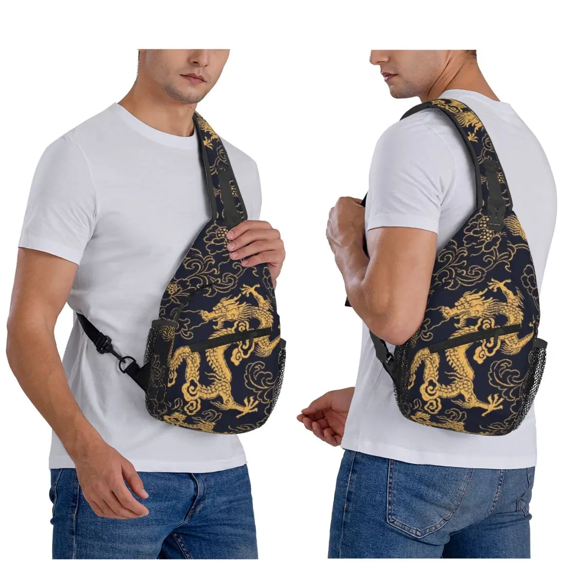 Chinese Traditional Golden Dragon Chest Bag Men Sling Crossbody Backpack Chest Bag Traveling Hiking Daypack Shoulder Bag