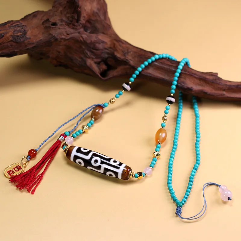 Tibetan natural authentic old mine raw agate nine-eye dzi bead turquoise collarbone necklace, approximately 13x48mm
