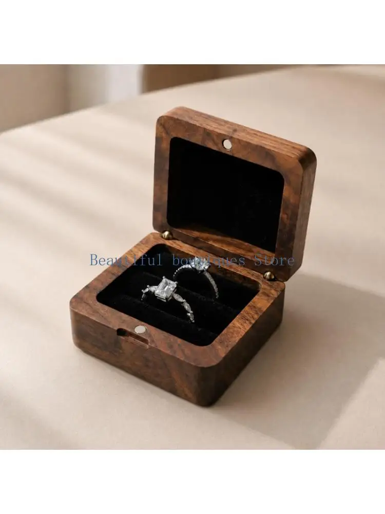U4LF 2-Slot Ring Display Box in Black Walnut Wood with Hinged Lid for Proposals, Jewelry Displays, and Photography