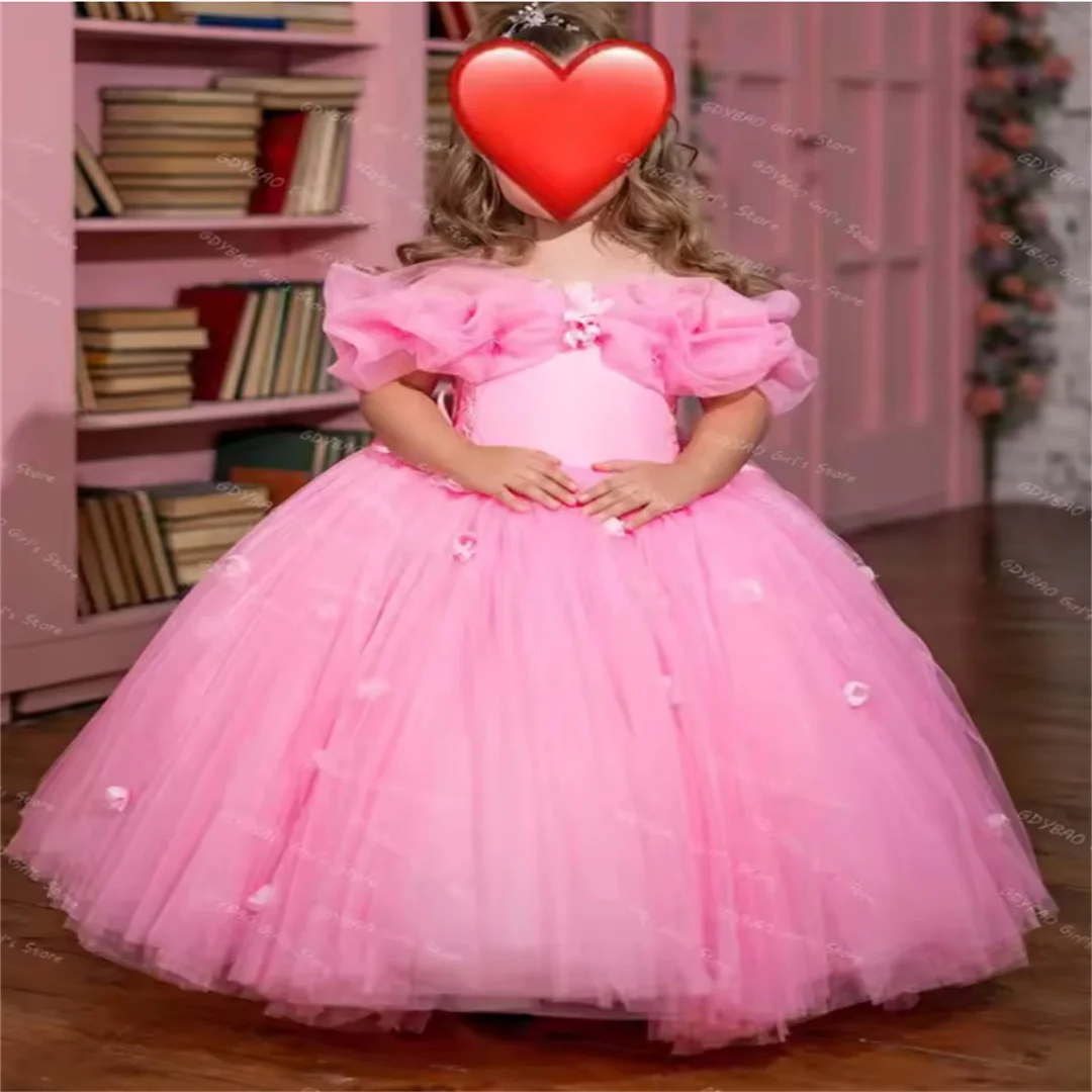 Customized Girls Princess Pageant Dress Ruffled Tulle 3D Flower Ball Gown Flower Girl Dresses for Wedding 2-14 Kids Party Gown