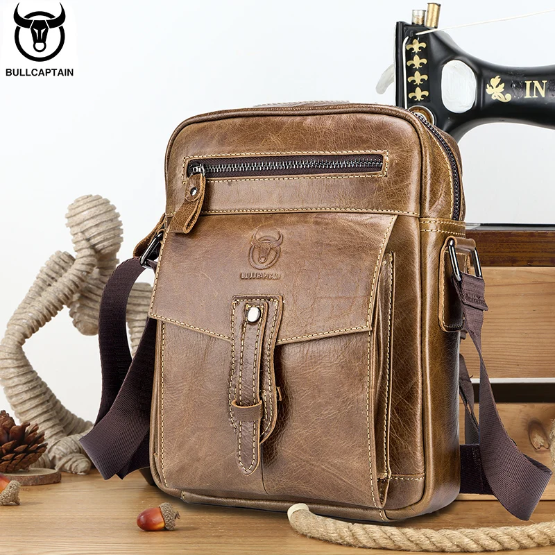 BULLCAPTAIN Men's Genuine Leather Shoulder Bag Large-capacity Messenger Bag For Outdoor Sports Travel