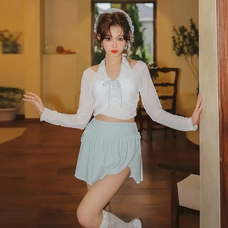 Women's 3 Piece Light Blue Swimsuit Set Long Sleeve Sheer Cover Top with Halter Bikini Skirt