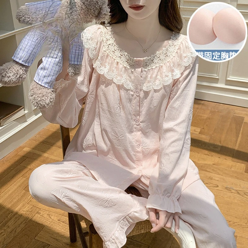 Lady Spring Autumn Loungewear Padded Lace Pajamas Soft HomeWear Women Loose Home Clothes Girls Long Sleeve Long Pants Set Ladies