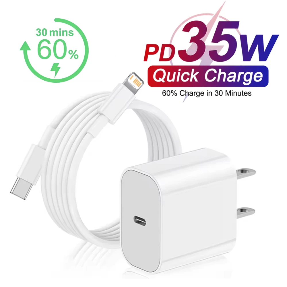 35W PD US Plug Fast Wall Charger For iPhone 11 12 13 Mini 14 Pro Max X XR XS Max 6 7 8 Plus SE Quick Charge USB-C Charging Cable