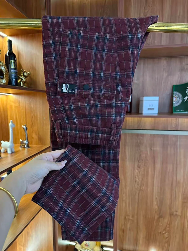 Autumn Winter Plaid Casual Pants Men's Loose Fashion Straight Leg Comfortable Slim Fit Men's Trousers High Waist Elastic Wais...