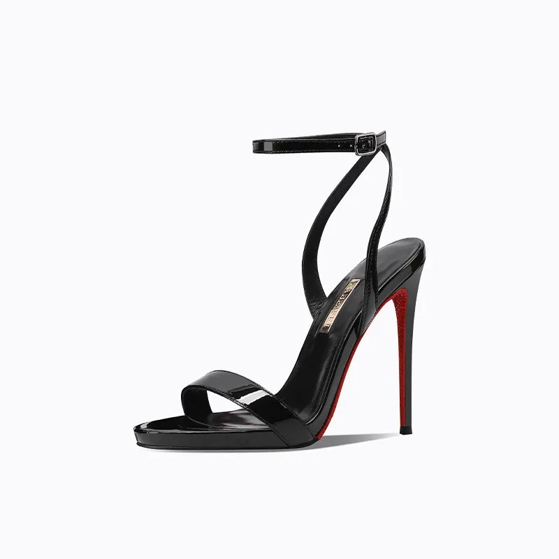 2026 New Black Patent Leather Rhinestone Open Toe Sandals with Slim Heels and a Straight Ribbon for Parties, High Heels for Wome