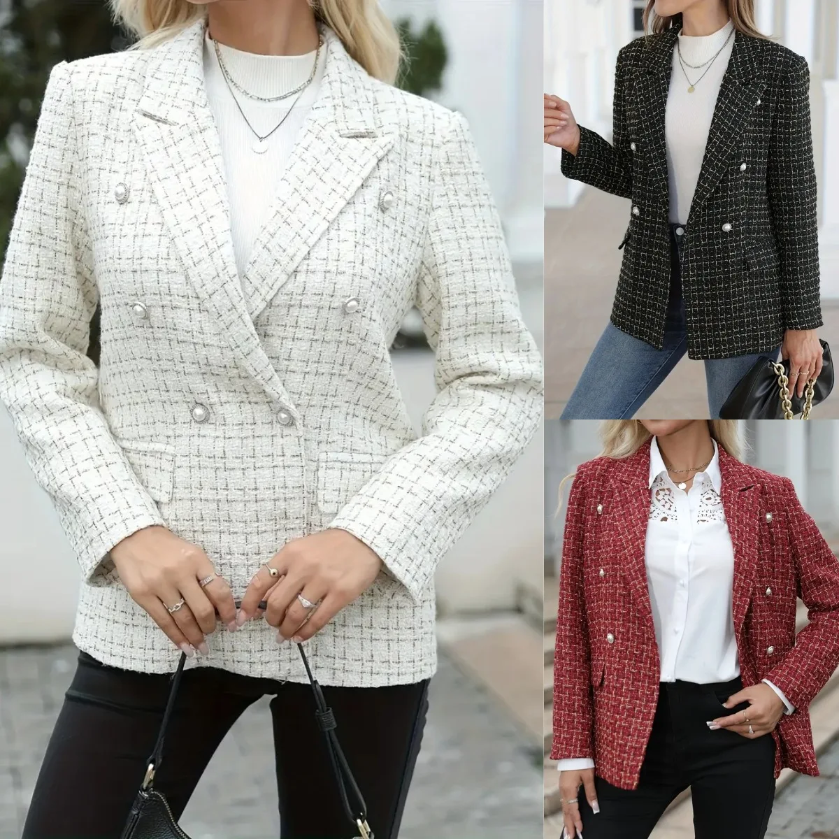 2025 Winter New Plaid Double Breasted Women Blazer Jacket Slim Fit Fashion Casual Versatile Top White Black Red Color Options