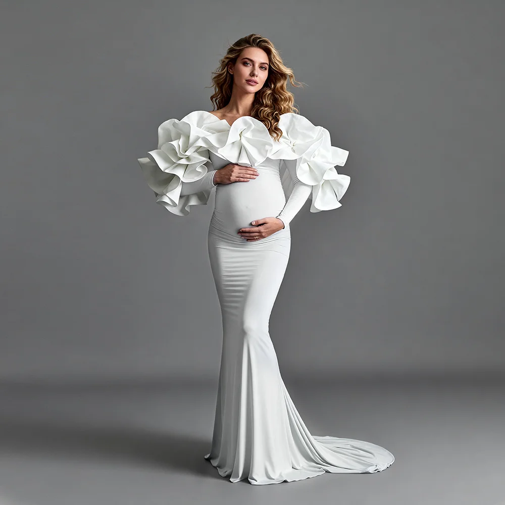 Maternity Dress Photoshoot Ivory Off-the-Shoulder Oversized Ruffled Collar Long Sleeve Dress for Pregnant Women YW6432D