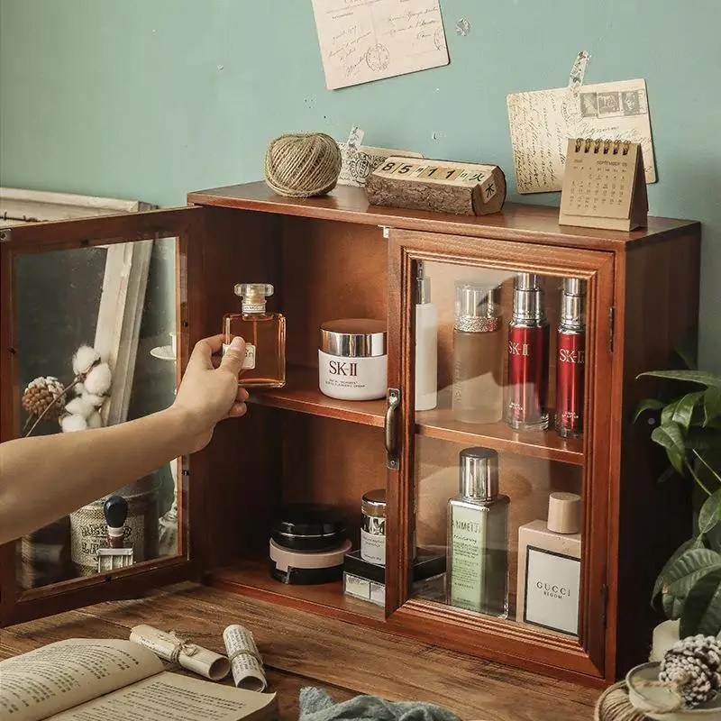 Wooden Cup Box Cabinet Style Desktop Cosmetic Display Shelf Vintage Glass Storage Organizer for Skin Care Dust Prevention