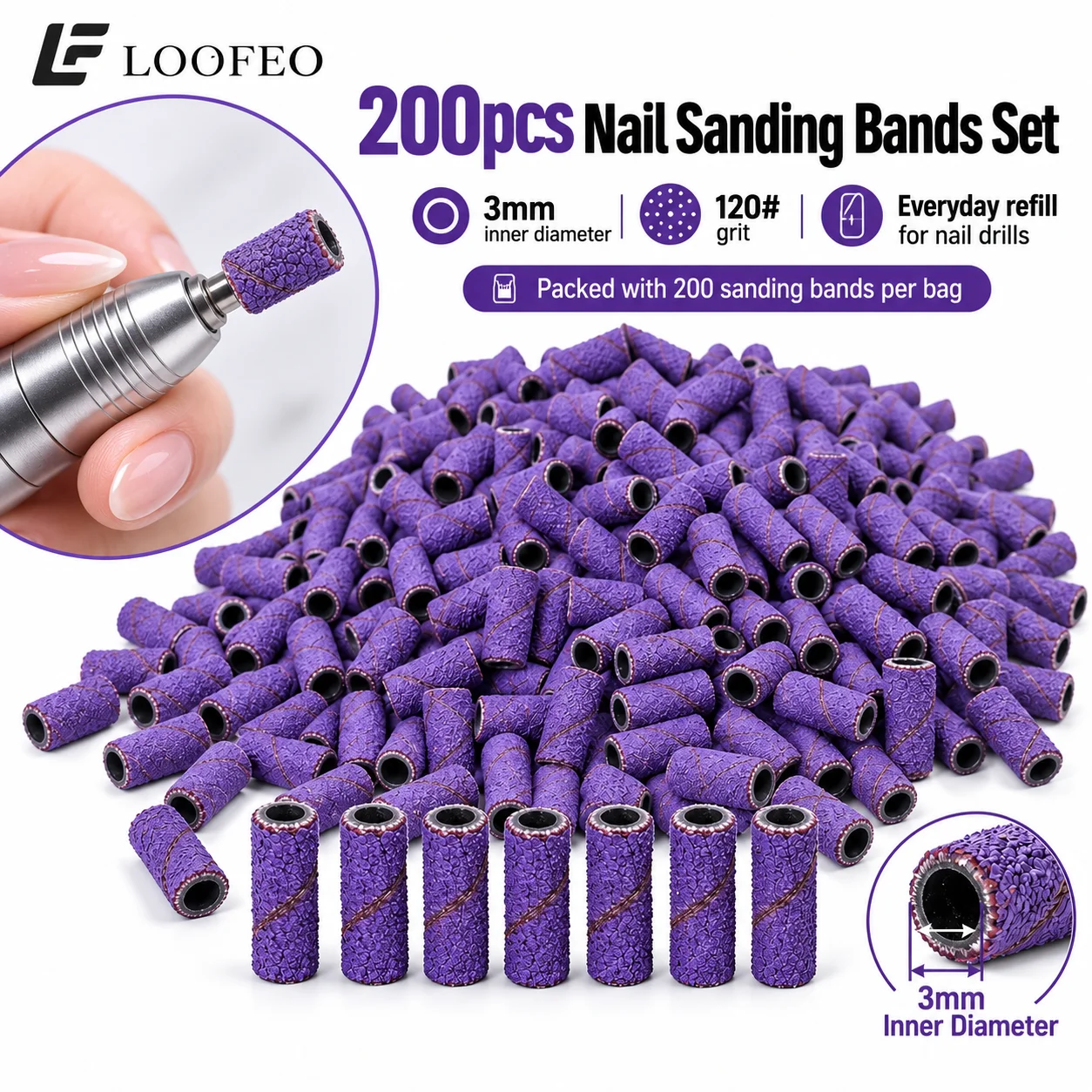 120/180/240 Grit Sanding Bands Set 200PCS 3mm Small Nail Drill Bits Nail Bands Sleeves for Acrylic Nail Gel Removing Manicure