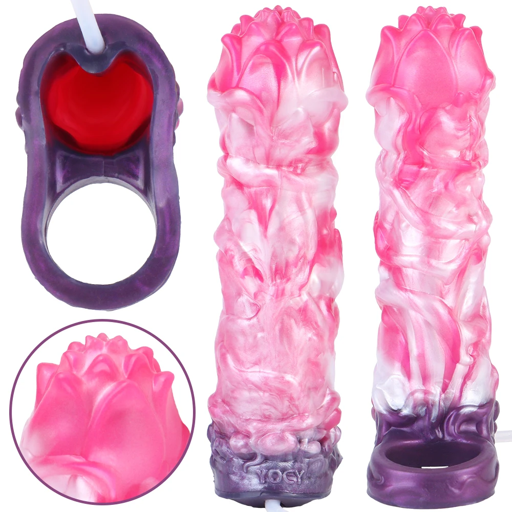 SHAZ Squirting Monster Dildo Sheath Closed Penis Cover Ejaculator Sleeve Silicone Condom G-Spot Stimulation 18+ Sex Toys For Men