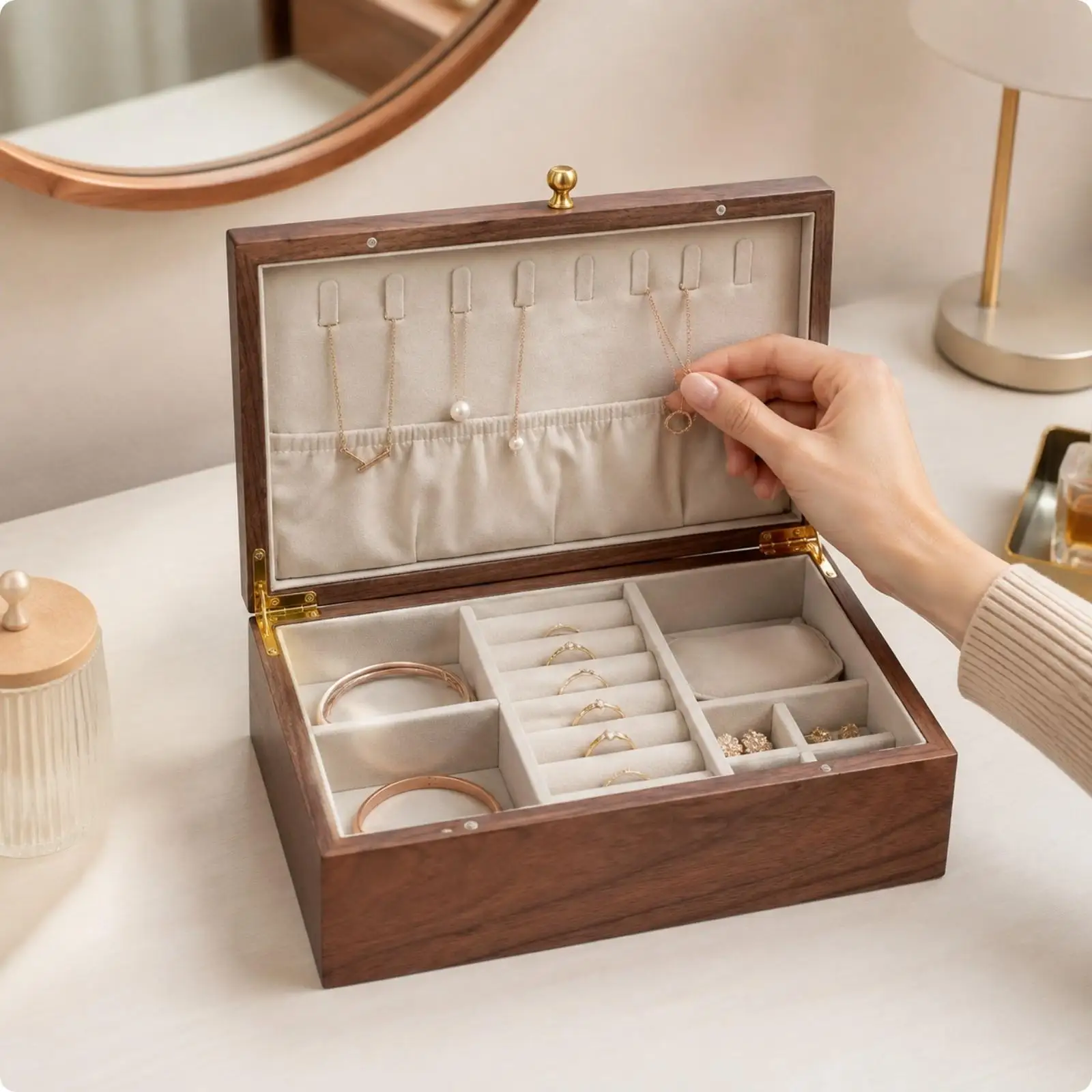 Classic Wooden Jewelry Storage Box with Soft Fabric Lining for Earrings Rings Bracelets Organization
