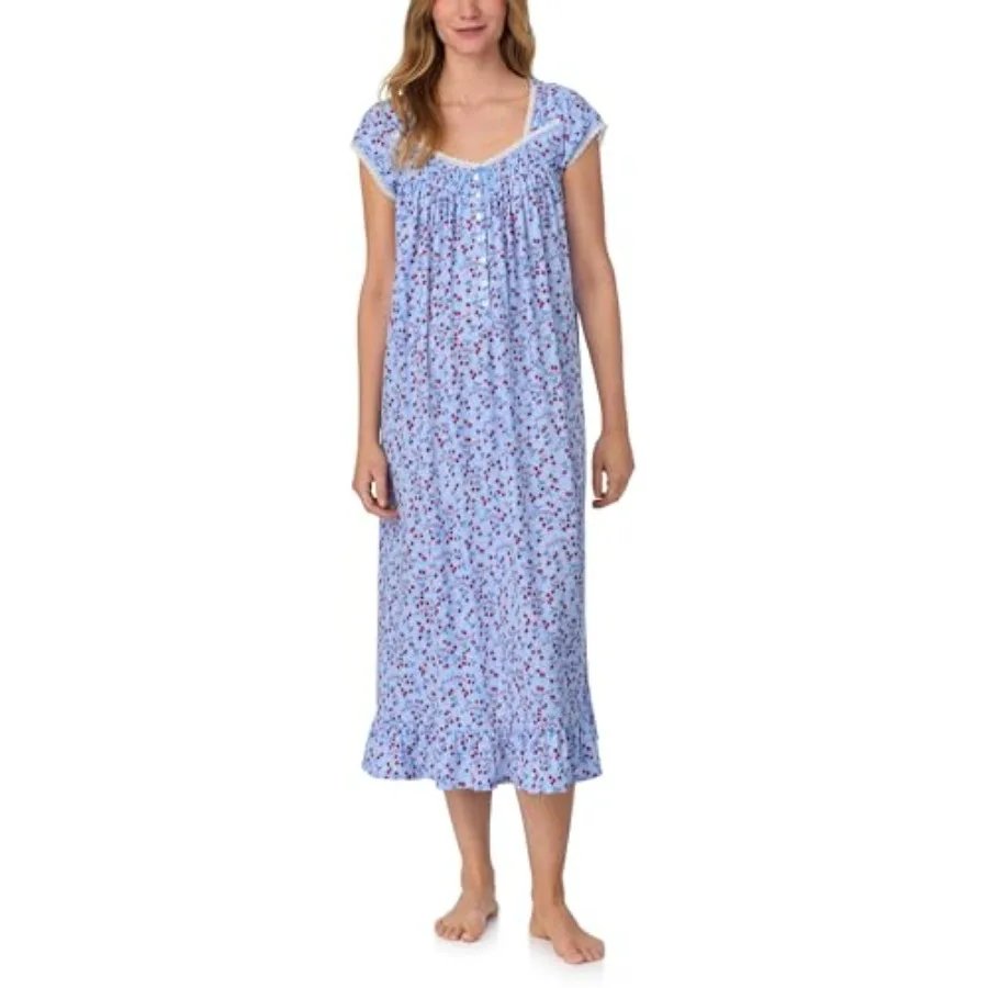 Lanz of Salzburg Women's 100% Cotton Short Sleeve Nightgown, Jersey Knit, Ruffle Hem, Pintuck Neckline, Button-Front