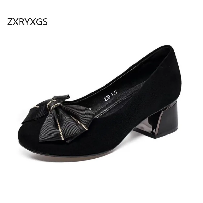 ZXRYXGS Premium Sheep Suede Bow Women Fashionable Shoe 2026 Mesh Real Leather Spring Summer Banquet Shoes Heel High 2.5 / 4.5 Cm