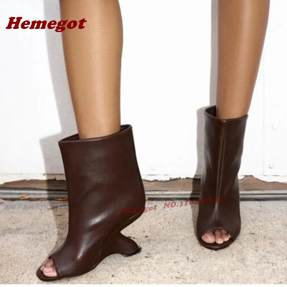 Brown Strange Style Sandals Open Toe Slip On Mid-Calf Leather Autumn Sandals for Women Solid High Heels Runway Shoes Luxury